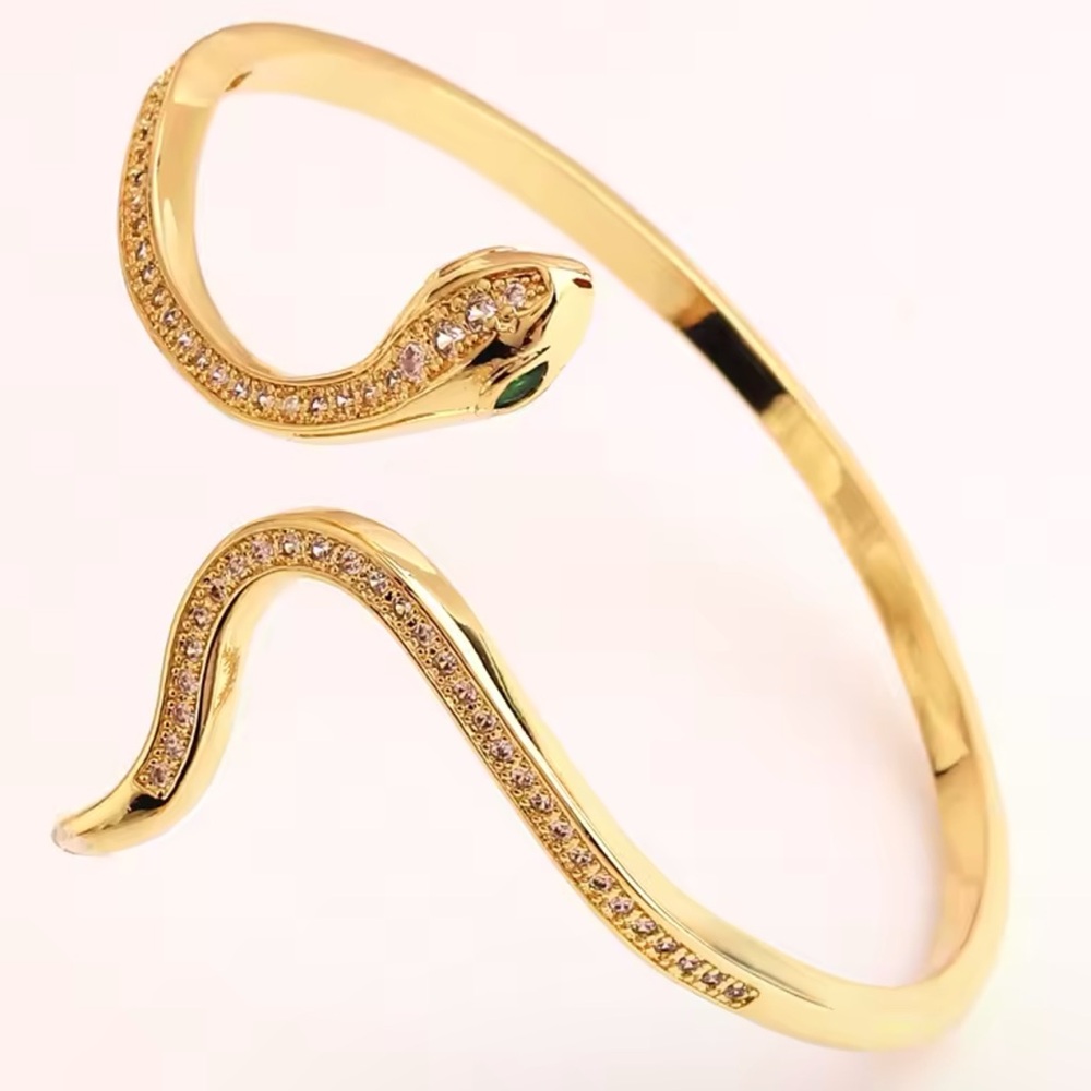 💎New 18K Gold Plated CZ Crystal Green Eyes Snake 🐍 Bangles Cuff Bracelets